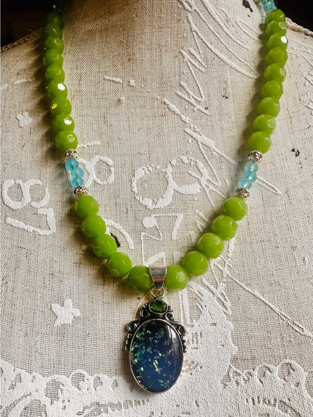 Green Beaded Necklace with Faux Opal Pendant - Handmade